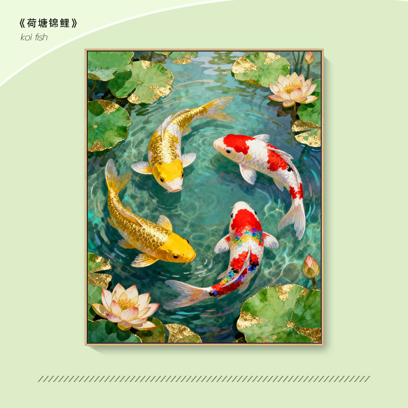 荷塘锦鲤卡通diy数字油画填充涂色填色画油彩手工治愈减压装饰画