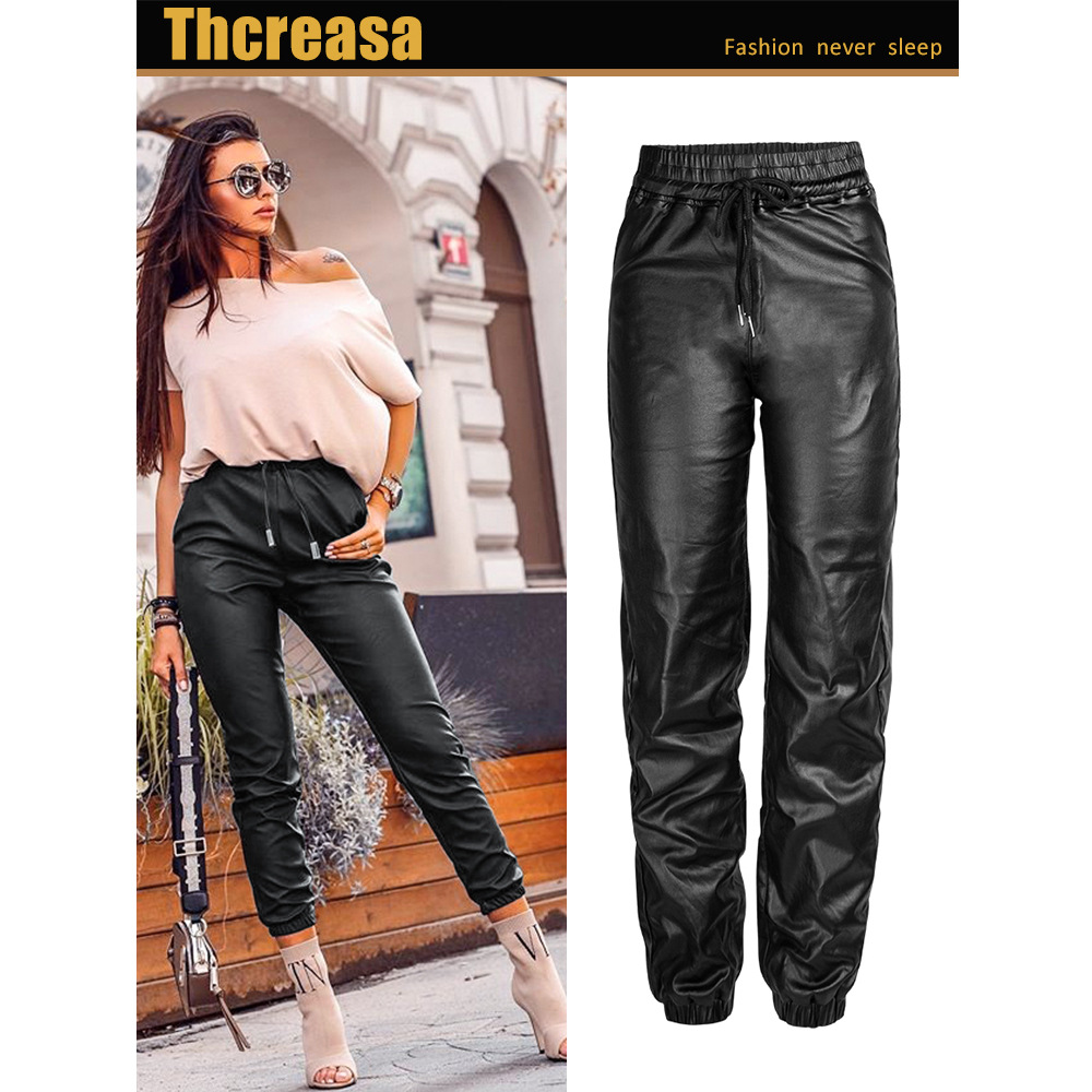 European and American Women's Pants for Autumn and Winter High-waist Loose Wide-leg Elastic Waist Imitation Leather Women's Pants Elastic Metal Hole Tie-rope Ankle-length Pants