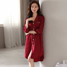 七分袖睡裙女新款冰丝夏季薄款仿真丝绸夏天大红色本命年睡衣春秋
