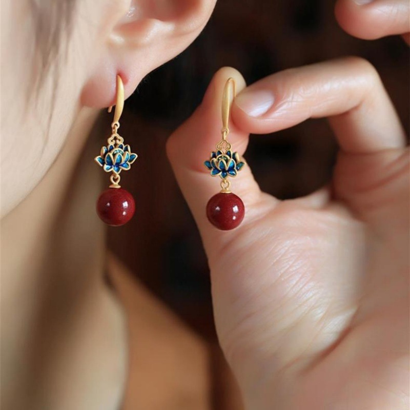 Cinnabar Lotus Earrings for Women, Chinese Style, National Style, Fashionable Cheongsam, Retro Burnt Blue Enamel, Niche Transfer, Accessible Luxury Earrings
