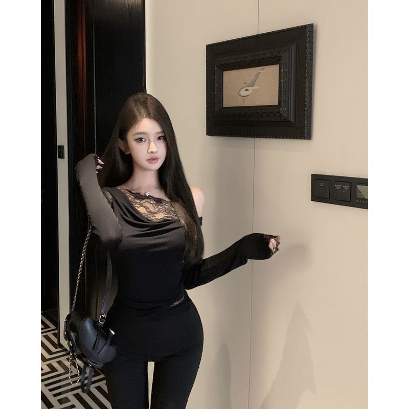 法式纯欲蕾丝拼接露肩上衣女2025年新款少女感荡领露肩长袖T恤女|undefined