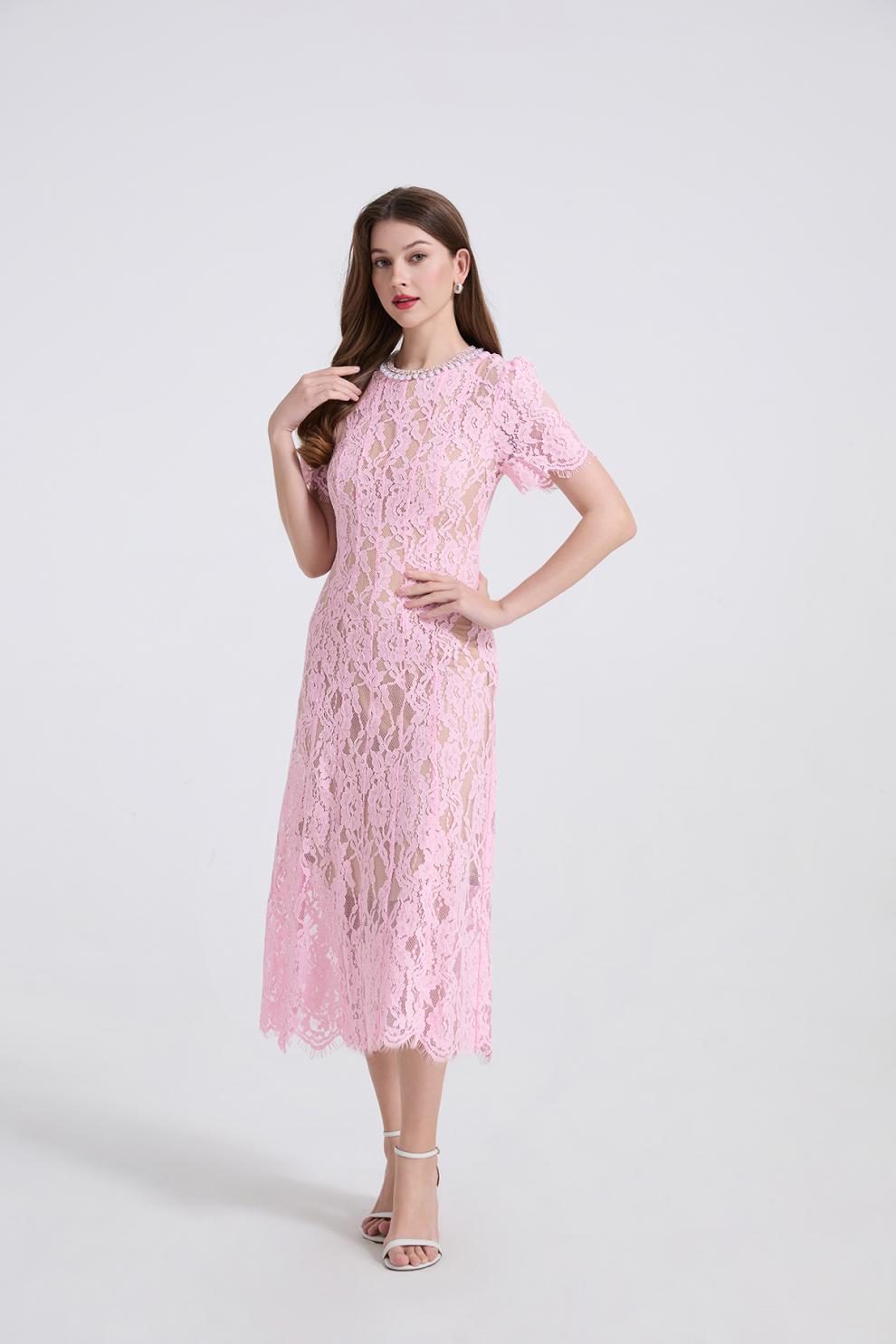 Váy đầm maxi nữ thắt eo cổ ren đính ngọc trai phong cách Pháp — màu đen, Màu hồng, Màu trắng, màu đỏ chi tiết 10