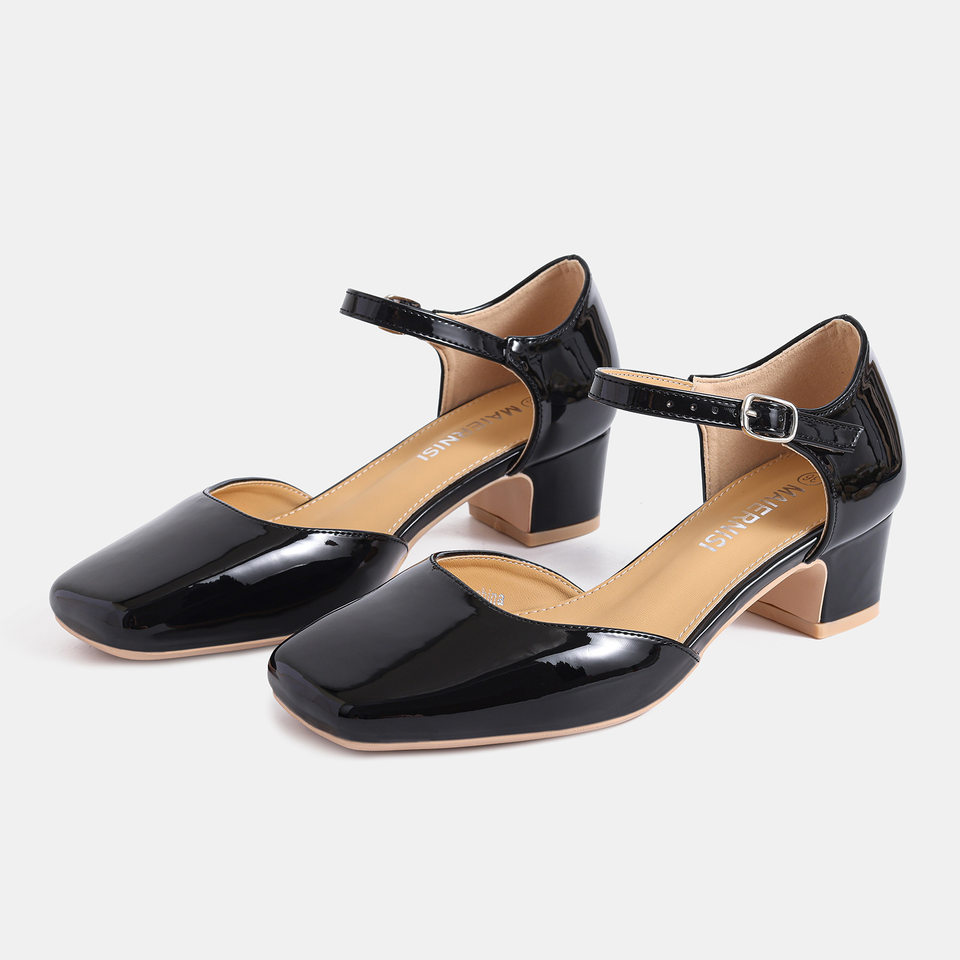 Giày sandal Mary Jane nữ bít mũi quai ngang gót thô 3–6 cm — Rượu vang đỏ, màu mơ, đen
