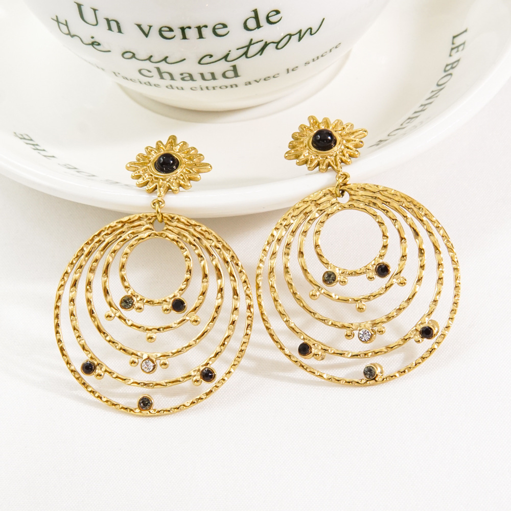 Zircon Inlay Material Drop Earrings Classification 1 Pair Quantity PVD Coated 14K Gold Real Gold Plated Round 304 Stainless Steel Natural Stone Bohemian Waterproof Non Tarnish Drop Earrings