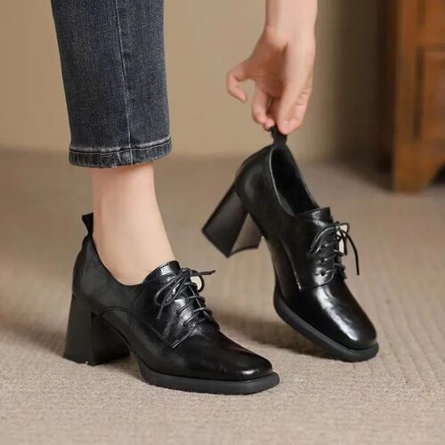 Vintage Style Square Head Lace-Up Leather Shoes Deep Mouth Ankle Boots Women Autumn New Chic British Style High Heels Women's Shoes