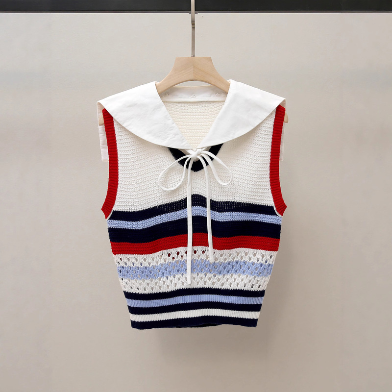 Yilizhuoya Autum New Age-Reducing Preppy Style Navy Collar Colorfulful Stripesd Short Sleeveless Vest Knitwear for Women