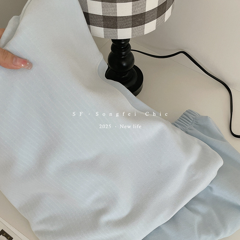 秋冬磨毛新款圆领长袖可外穿家居服 肯豆风松弛感条纹家居服套装|undefined
