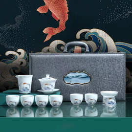 德化白瓷素烧鱼跃龙门盖碗茶杯套组功夫茶具家用办公会客套装