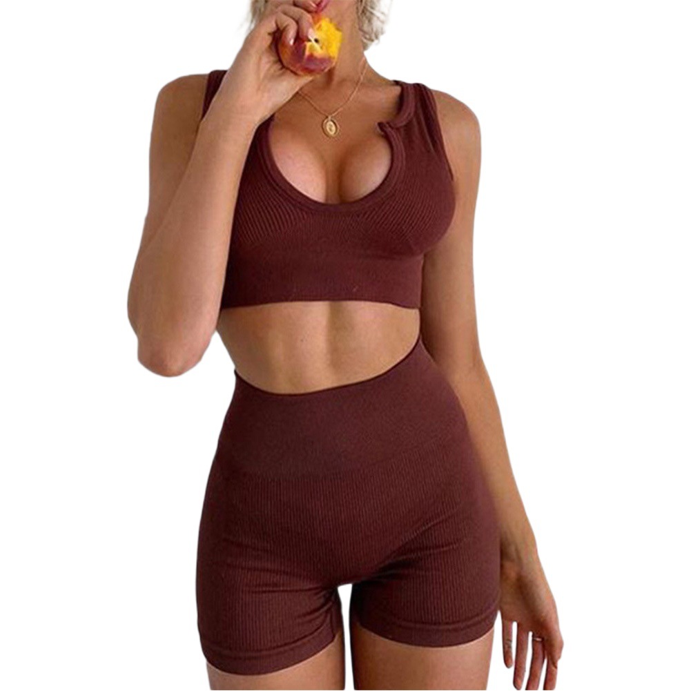 Traje de ropa de yoga a rayas roscadas con cuello en v sin costuras transfronterizo, pantalones cortos con rosca vertical para mujer, sujetador, ropa deportiva ajustada image 1
