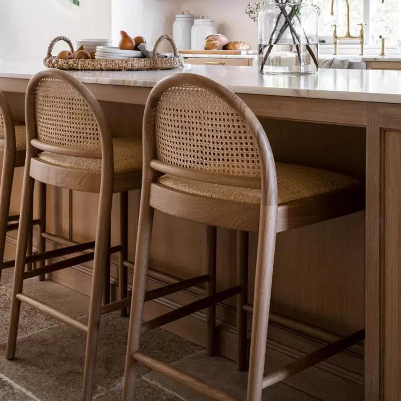 藤编实木吧台椅中古风酒吧椅日式家用吧台高脚凳前台白蜡木高脚椅