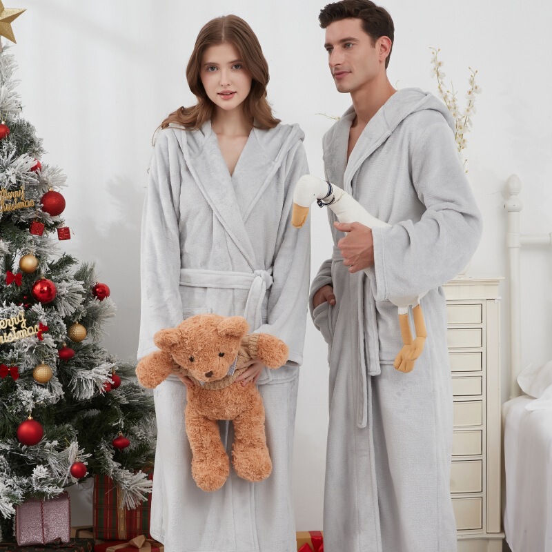 Cross-Border Women's Long Flannel Bathrobe, Men's Fleece-Lined Thickened Couple's Hooded Bathrobe, Autumn and Winter Loungewear