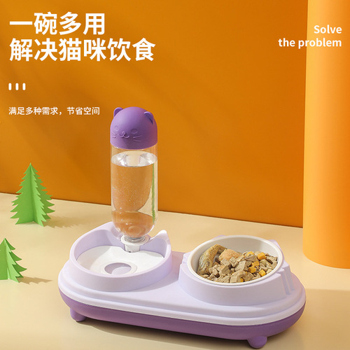 Wholesale pet bowl ceramic bowl cat bowl tall neck guard cat head pet drinking water feeding double bowl with water bottle