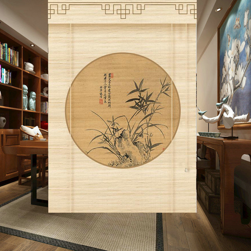 中式复古印花竹帘卷帘子升降窗帘背景墙茶室装饰遮光隔断卷门白色|undefined