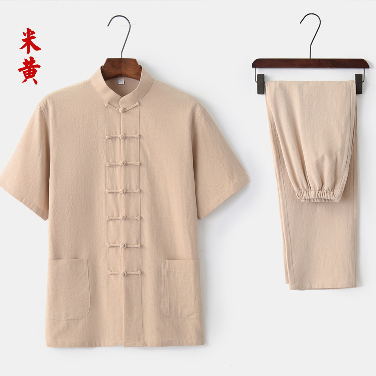 2019 nuevo verano algodón y lino traje Tang traje de manga corta ropa de Tai Chi para hombres de mediana edad y ancianos ropa Zen ropa de té ropa Ju Shi