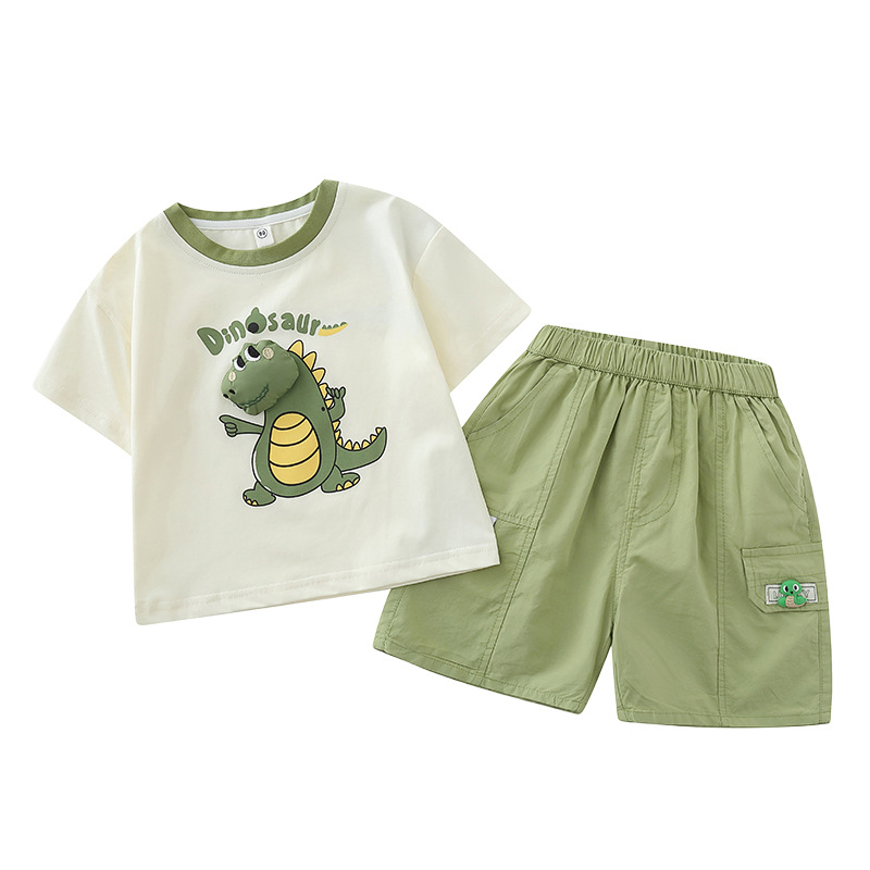 8130 traje de verano para niños 2025 nuevos pantalones cortos de manga corta de dinosaurio para niños de dos piezas ropa de verano para bebés de moda