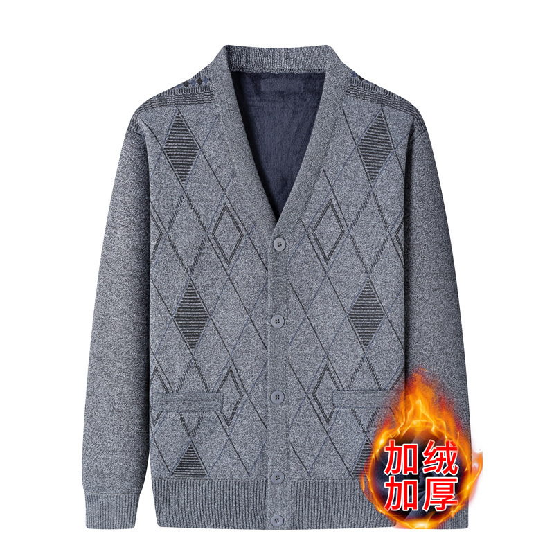 Thick V-Neck Sweater with Integrated Fleece for Middle-Aged and Elderly Men, Loose-Fitting Grandpa Blue-Gray Base Shirt