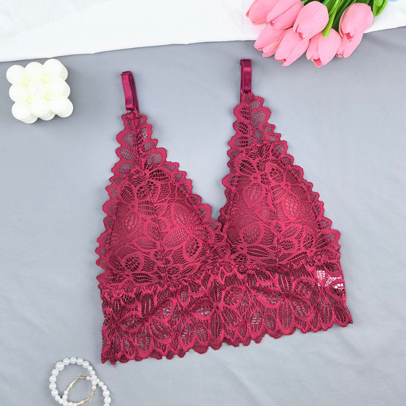 Bra de espalda francesa sexy de encaje de copa triangular envuelto en el pecho de la mujer sin marcas sin anillo de acero de la ropa interior del pecho