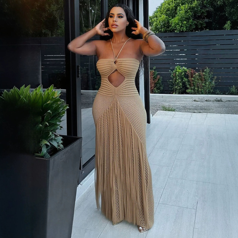 Cross-border supply European and American hollow-out bikini cover-up skirt, sexy waist-cinching drawstring tassel knitted beach skirt for women