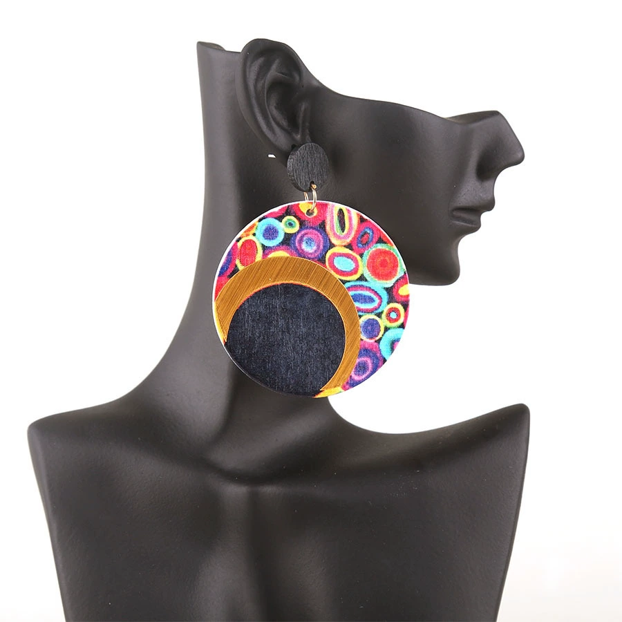 [Мелкий опт] круглые деревянные серьги-подвески в корейском этническом стиле, женские серьги с односторонним принтом, европейский и американский стиль