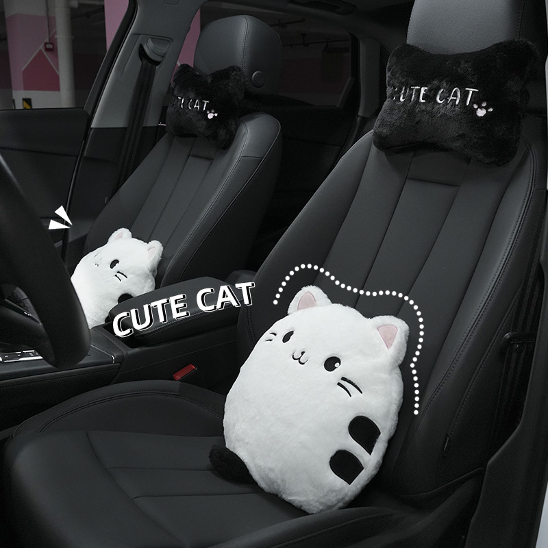 Black And White Cat Car Headrest Neck Pillow Cute Rabbit Fur Car Soft Cushion Four Seasons Car Cushion