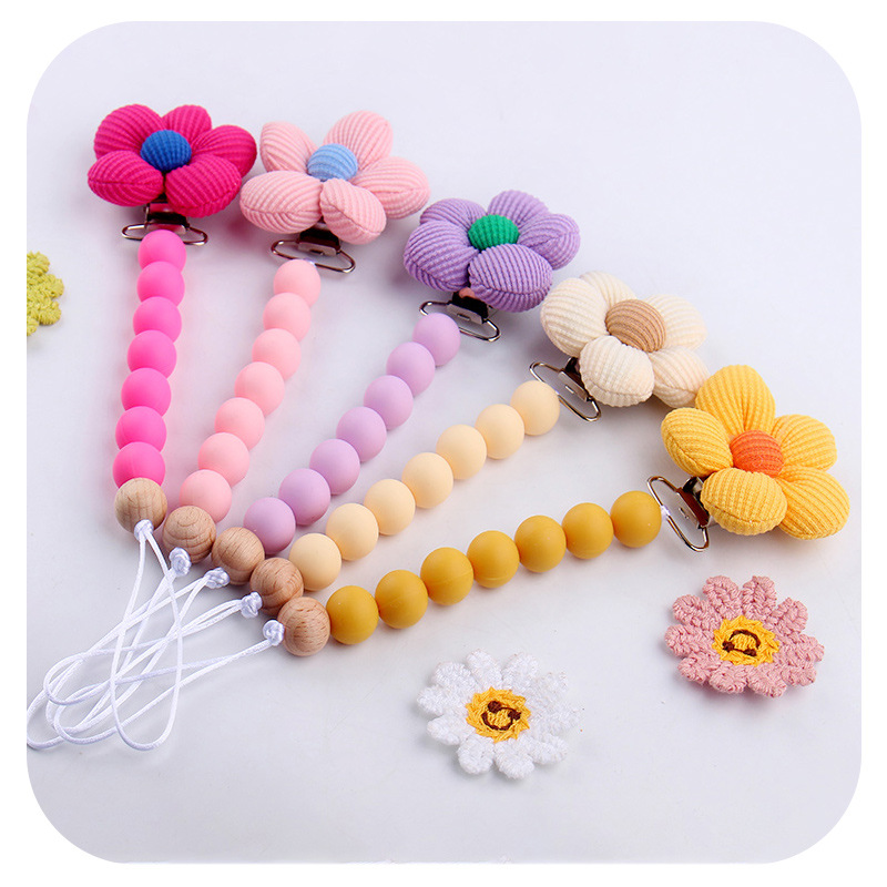 Nuevos productos para bebés Clip de chupete de flores Bebé Calmante Silicona DIY Cuentas de madera Cadena de chupete Cadena anti-caída