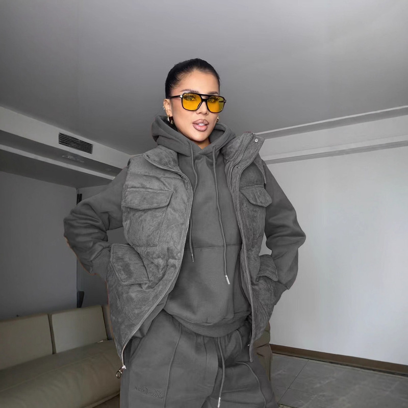 潮牌25ss秋冬新款三件套棉服马甲+卫衣加绒加厚搭配马甲三件套|undefined