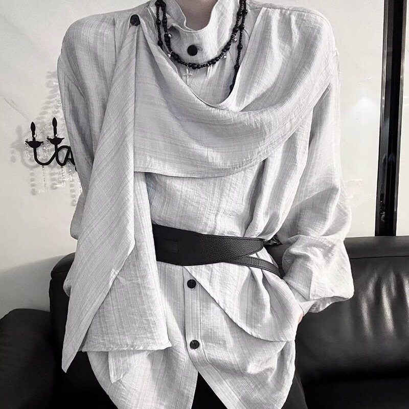 男士走秀双生子系列复古高级感衬衣不规则拼接设计感围脖巾小众衬|undefined