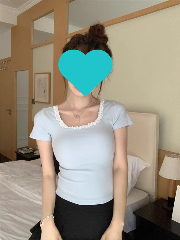 【40-Count Pure Cotton Ribbed Fabric, 95% Cotton, 5% Spandex】Lace Sweet and Spicy Square-Neck Short Shoulder-Length Top Sleeve T-Shirt for Women Summer