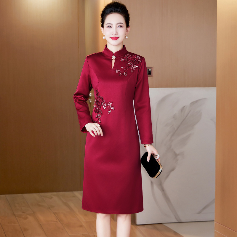Spring and Autumn Classic Slim-Fit Dress for Middle-Aged and Elderly Women, Covering the Belly, Suitable for Mother-In-Law, Bride's Mother, Banquet Qipao Dress