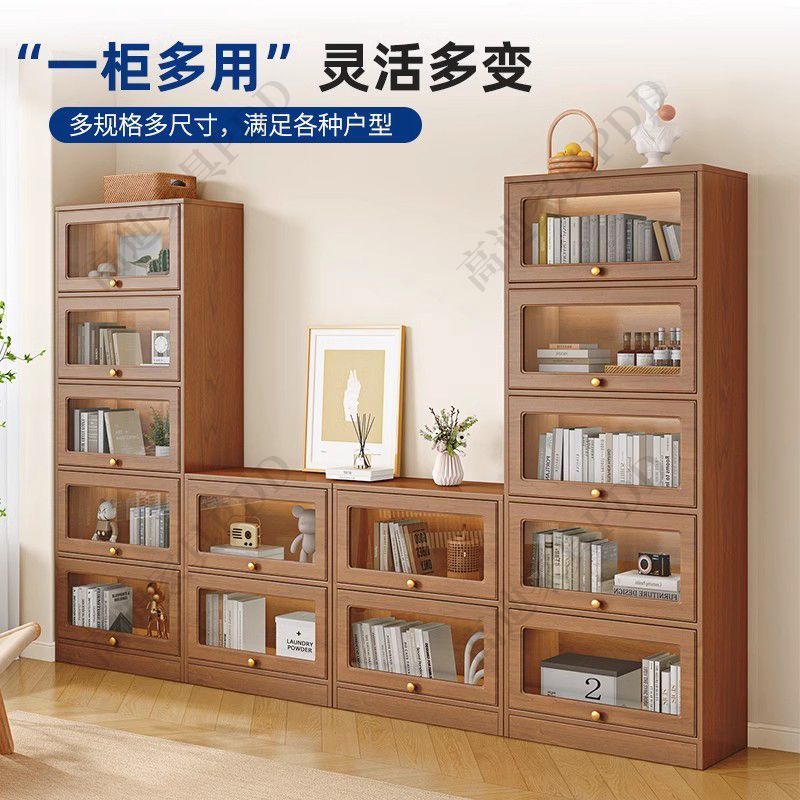 Solid Wood Dust-Proof Bookcase Glass Door Bookshelf Storage Rack with Door Floor-Standing Home Simple Living Room Display Storage Cabinet