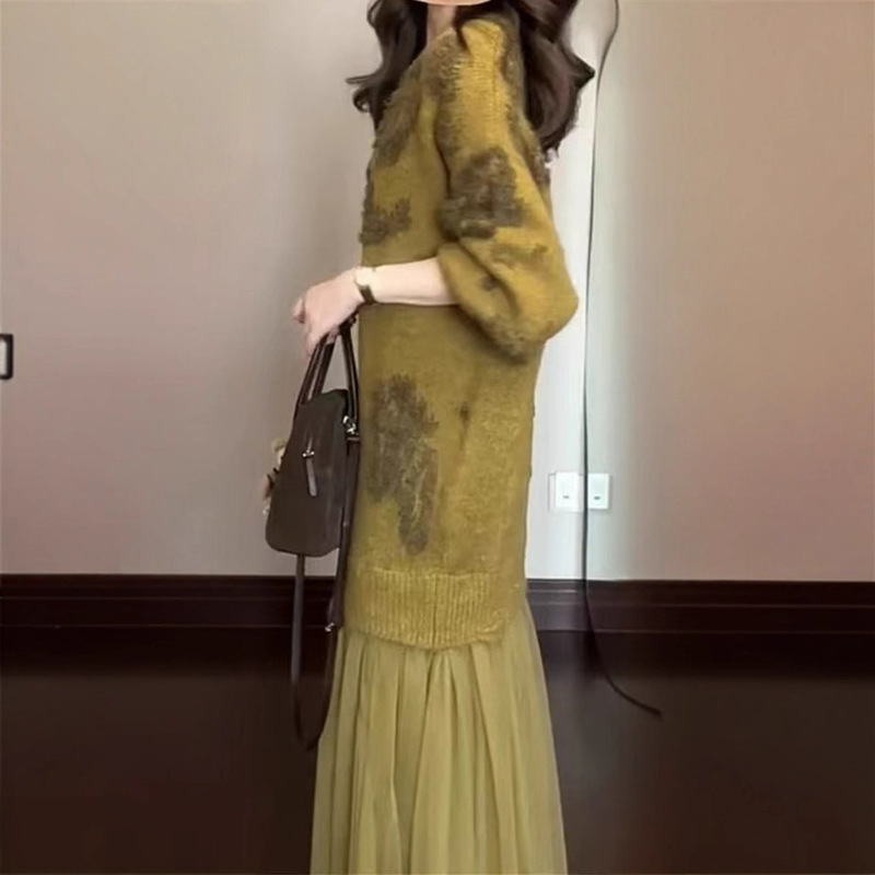 大码重工拼接连衣裙女秋冬新款时尚气质长裙今年流行漂亮的裙子潮|undefined