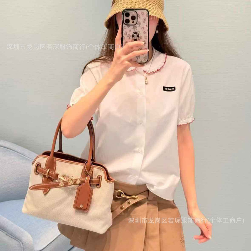 High-End Version m Brand Lace Embroidered Doll Collar Shirt, Age-Reducing Short-Sleeve 2026 Summer New Pure White Top for Women