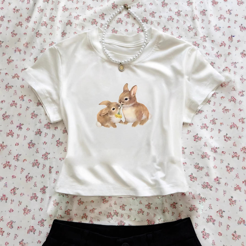 Cross-Border American-Style Cute Rabbit Print Sweet T-Shirt, Round Neck, Short Sleeves, Slim Fit, Cropped T-Shirt, Short Top for Women Cross-Border American-Style Cute Rabbit Print Sweet T-Shirt, Round Neck, Short Sleeves, Slim Fit, Cropped T-Shirt, Short Top for Women