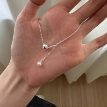 925纯银珍珠圆珠项链女简约时尚个性不对称链条锁骨链N7801