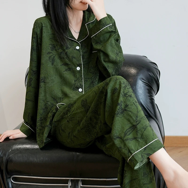 Lyocell Cotton Silk New Chinese Style National Style Cotton Silk Pajamas for Women, Spring and Autumn Loungewear Set, Can Be Worn Outside, Long-Sleeved and Long-Pants