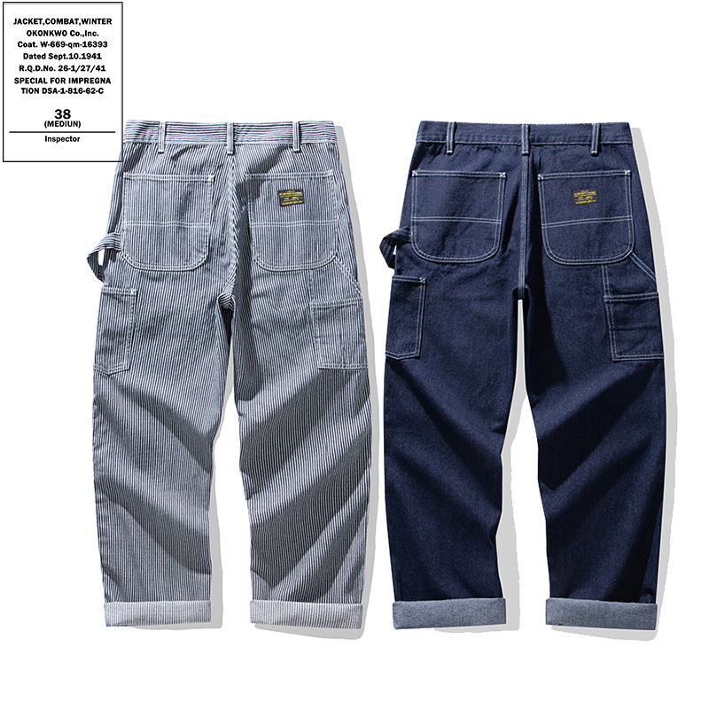 OKONKWO Primary Color Denim Railway Workers Pants Ami Khaji Multi-Pocket Striped Overalls Outdoor Work Pants