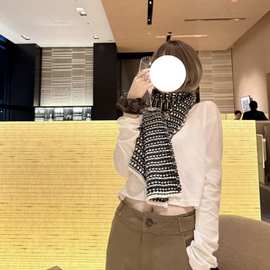 2025 新款韩版小香风黑色条纹围巾 女款加厚针织围脖保暖护颈百搭