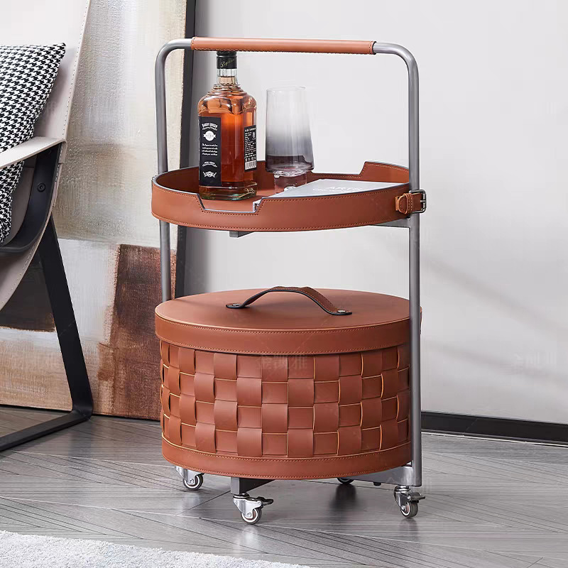 意式极简沙发边几现代简约移动小推车马鞍皮不锈钢创意设计师款