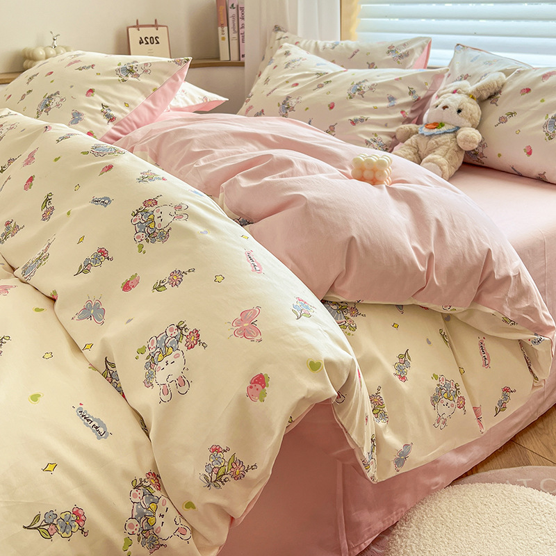 Temporada escolar cama de dibujos animados de cuatro piezas algodón puro algodón 2025 nueva funda edredón sábana dormitorio juego de tres piezas