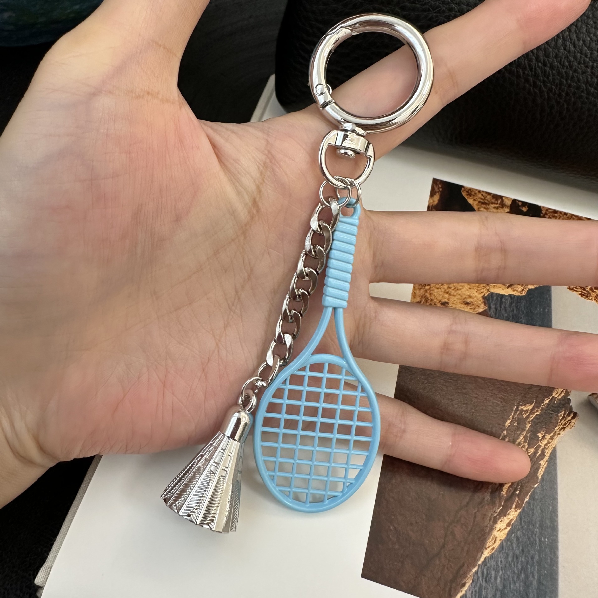 Cross-Border Hot-Selling Creative Trendy Metal Tennis Racket with Chain Hanging Ball Bag Pendant Mobile Phone Keychain Car Pendant