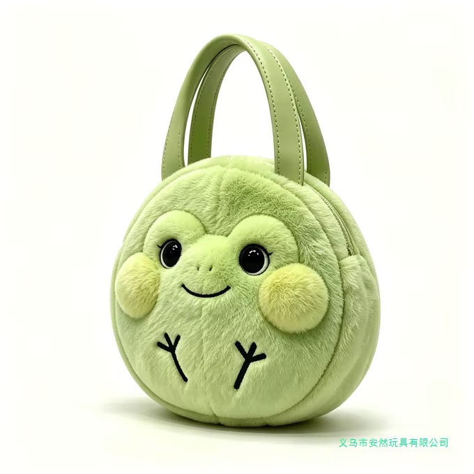 Customized round green frog plush handbag, children's animal-themed frog purse, plush animal design