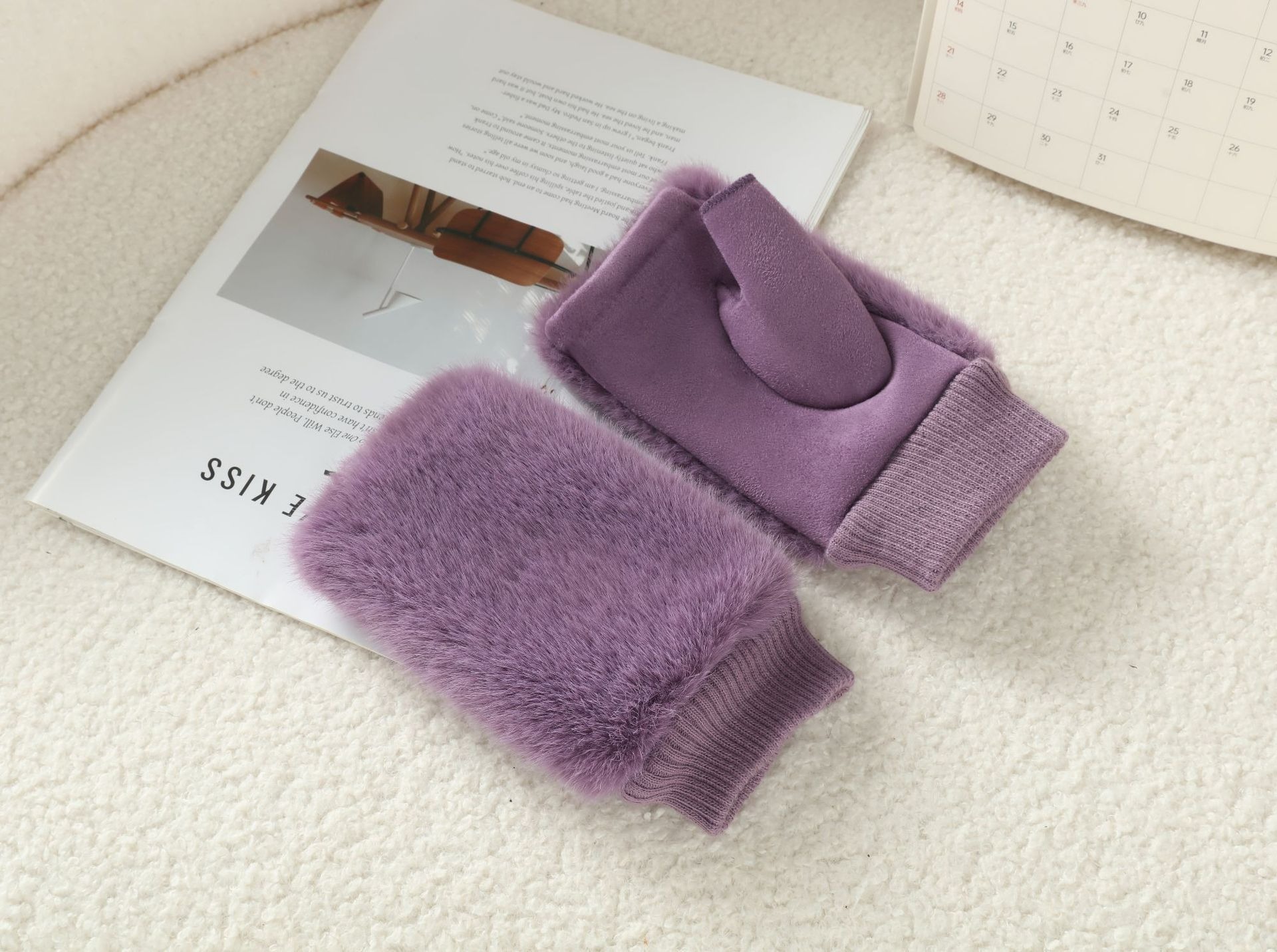 Invierno guantes de pelo de conejo de mitad de dedo femenino de peluche engrosado y veludo para montar calentado a prueba de frío de color sólido sin mangas de dedo