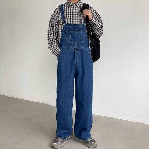 Men's Spring and Autumn Fashion Workwear Belted Denim Straight Loose Hem Pockets Trendy Loose One-Piece Pants