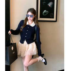 杨小卷 miu系千金穿搭 撞色减龄娃娃领针织开衫女短款上衣