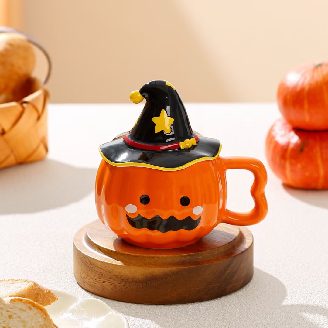 Taza de calabaza de Halloween, taza de agua cerámica encantadora, taza de café con tapa, taza creativa