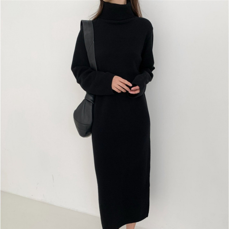 Autumn and Winter High-Neck Straight-Leg Extra-Long Loose Warm Cashmere Korean-Style Knitted Dress European and American Inner Wear over the Knee