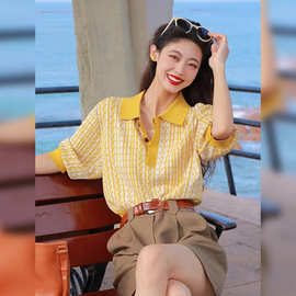 3033欧货黄色正肩短袖t恤女2024夏季新款法式复古POLO领针织冰丝
