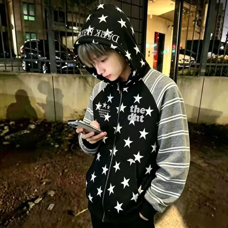 American retro high street embroidered printed hooded sweatshirt for men and women, trendy and stylish, versatile spring and autumn jacket