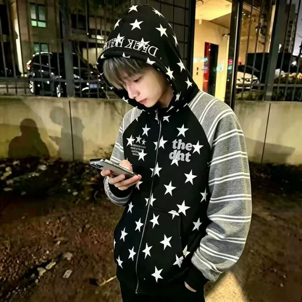 American retro high street embroidered printed hooded sweatshirt for men and women, trendy and stylish, versatile spring and autumn jacket
