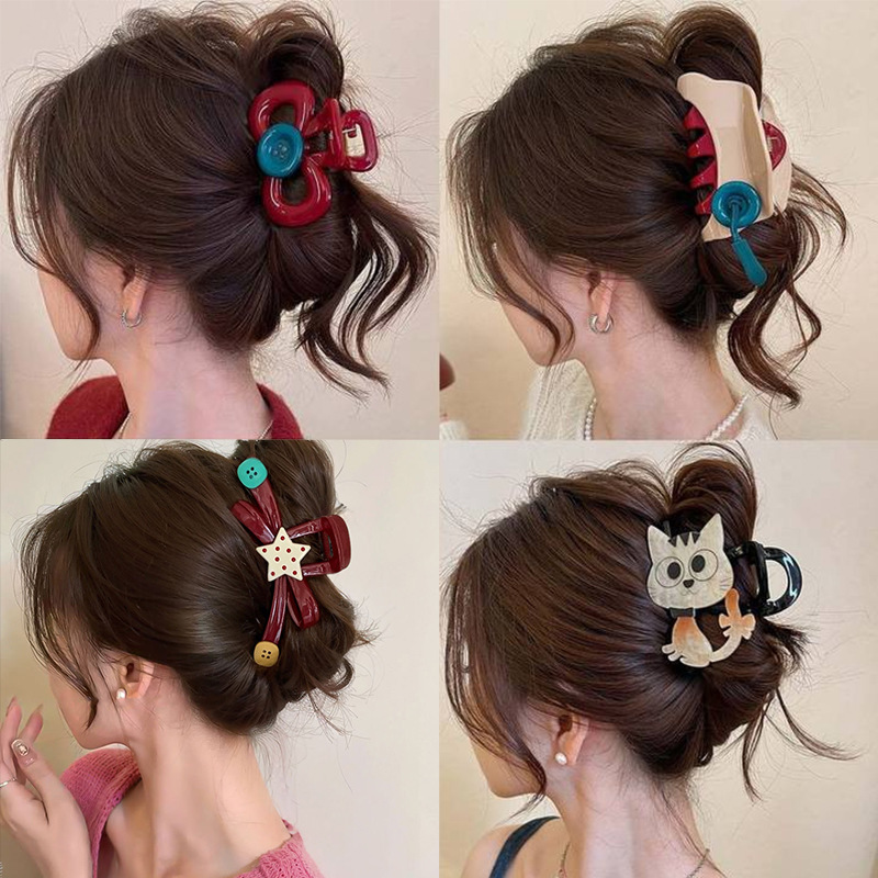 High-Quality Design Color-Blocked Button Gripper, High-End Colorful Shark Clip, Bow Hair Clip on the Back of the Head